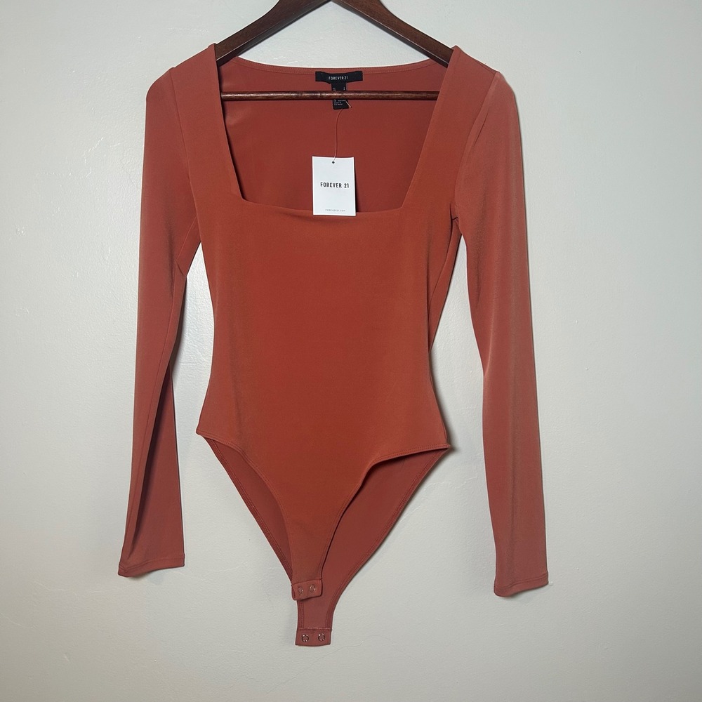 NWT Forever 21 Bodysuit Women Small Rust Orange Square Neck Long Sleeve